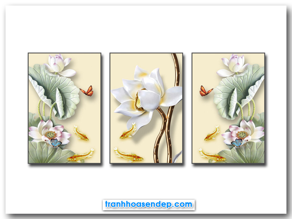 Bộ tranh canvas hoa sen cá chép đẹp 3 bức