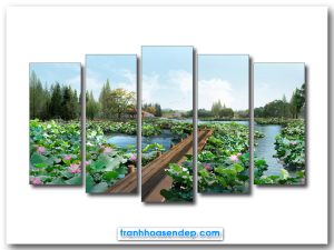 Tranh phong cảnh đầm hoa sen đẹp ghép bộ 5 tấm hiện đại