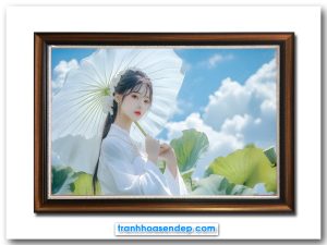 Bức tranh người đẹp tinh khôi tạo dáng cạnh đầm sen