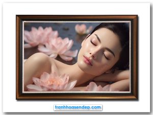 Bức tranh treo tường người đẹp nằm thư giãn với hoa sen hồng xung quanh