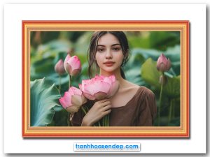 Bức tranh treo tường người đẹp cầm hoa sen hồng đứng giữa đầm