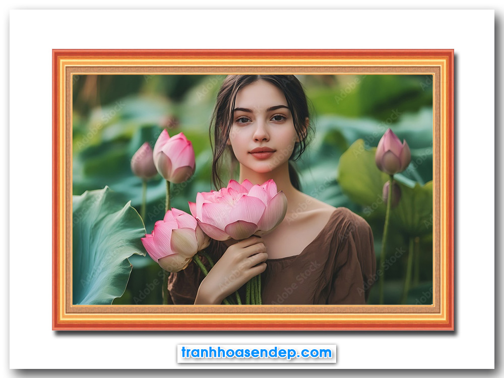 Bức tranh treo tường người đẹp cầm hoa sen hồng đứng giữa đầm