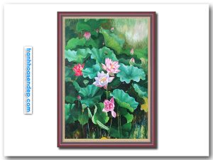 Bức tranh khổ đứng vẽ đầm hoa sen hồng đẹp bằng chất liệu sơn dầu