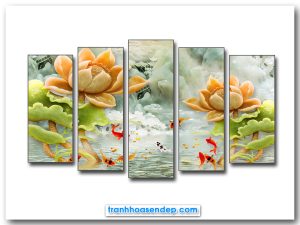 Bộ tranh ghép 5 tấm cá chép hoa sen kiểu nổi 3d giả đá đẹp