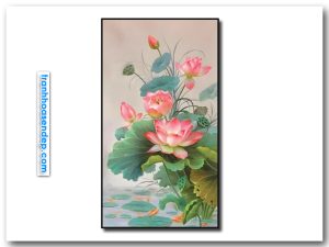 Bức tranh canvas cá chép hoa sen hồng đẹp kiểu khổ đứng
