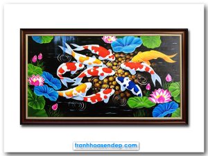 Tranh sơn dầu cửu ngư quần hội vẽ cá chép hoa sen đẹp