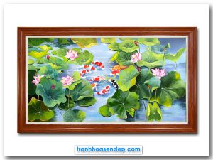 Bức tranh sơn dầu đẹp cửu ngư quần hội cá chép hoa sen