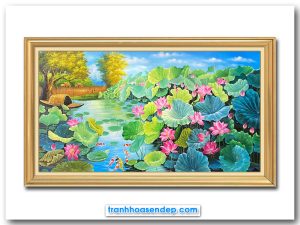 Bức tranh sơn dầu vẽ phong cảnh đầm hoa sen hồng quê hương đẹp