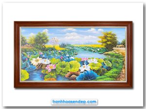 Bức tranh sơn dầu đẹp vẽ phong cảnh quê hương với đầm sen trên dòng sông