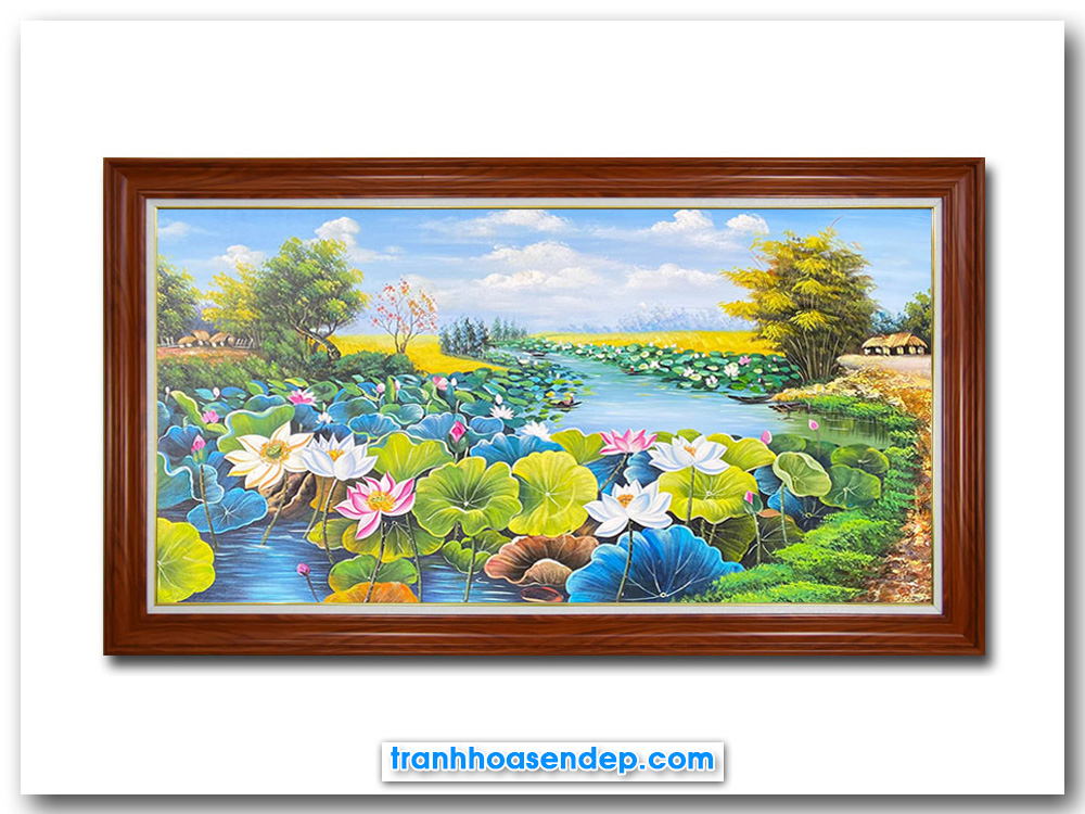 Bức tranh sơn dầu đẹp vẽ phong cảnh quê hương với đầm sen trên dòng sông