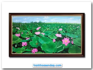 Bức tranh sơn dầu đẹp vẽ phong cảnh đầm hoa sen hồng xanh tốt