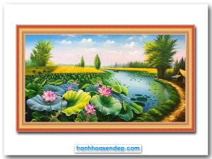 Bức tranh vẽ phong cảnh đầm sen và quê hương đẹp