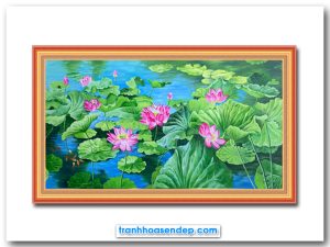 Bức tranh vẽ đầm hoa sen hồng đẹp bằng chất liệu sơn dầu