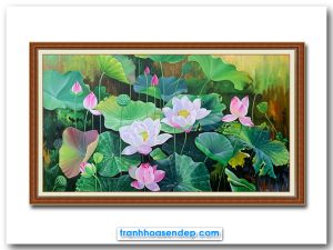 Bức tranh vẽ sơn dầu phong cảnh đầm hoa sen đẹp