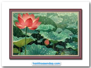 Mẫu tranh treo tường đẹp hình ảnh mưa trên đầm hoa sen