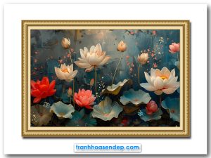 Mẫu tranh đầm hoa sen đẹp với hoa đỏ hồng và trắng