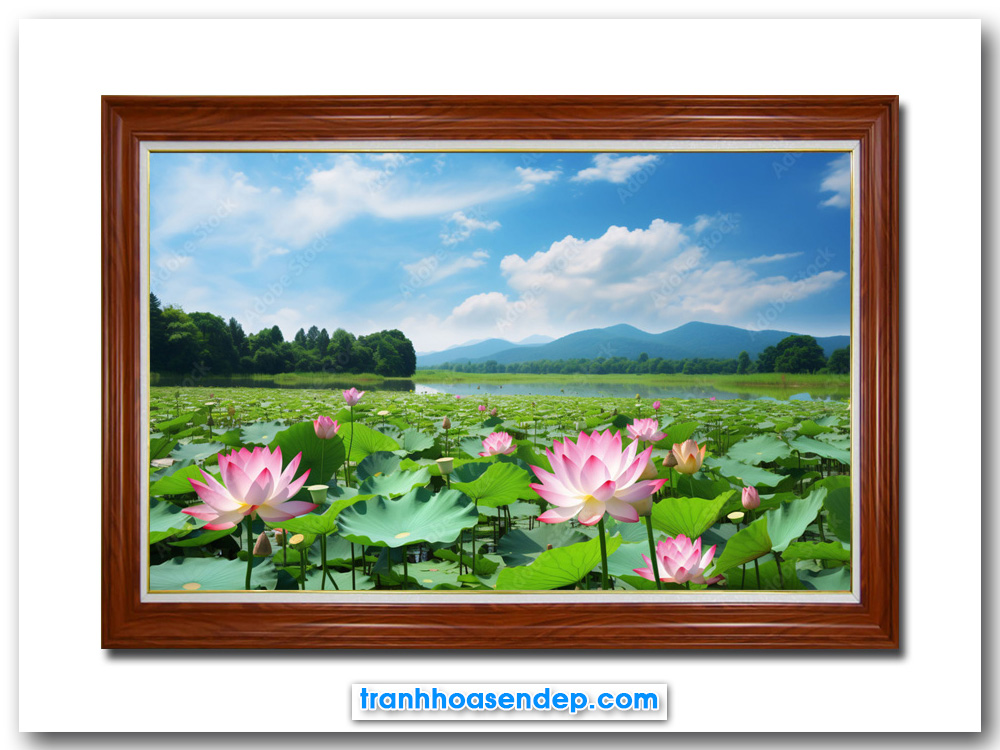 Mẫu tranh đầm hoa sen và phong cảnh quê hương đẹp