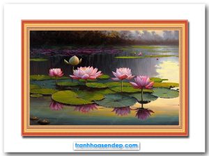 Mẫu tranh treo tường hình ảnh đầm hoa sen hồng nở đẹp