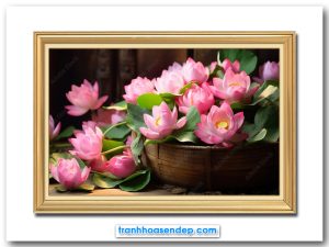 Mẫu tranh những bông hoa sen hồng đẹp trong giỏ tre