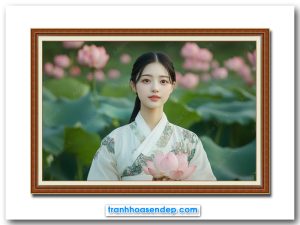 Bức tranh đẹp hình ảnh cô gái đứng trước đầm hoa sen
