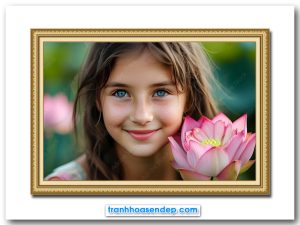Bức tranh đẹp thiếu nữ và hoa sen hồng