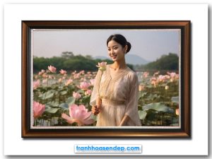 Mẫu tranh treo tường hình ảnh người đẹp bên đầm hoa sen hồng