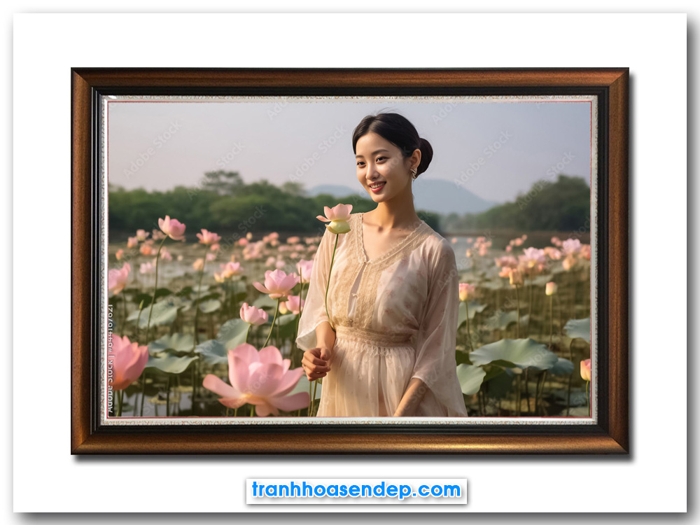 Mẫu tranh treo tường hình ảnh người đẹp bên đầm hoa sen hồng
