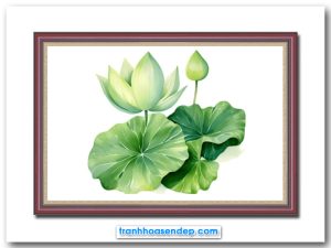 Tranh treo tường lá và hoa sen xanh trên nền trắng