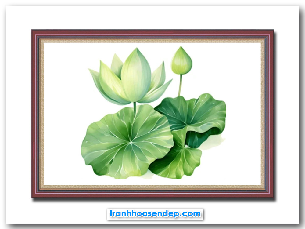 Tranh treo tường lá và hoa sen xanh trên nền trắng