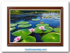 Bức tranh treo tường đầm hoa súng hồng đẹp xanh mát