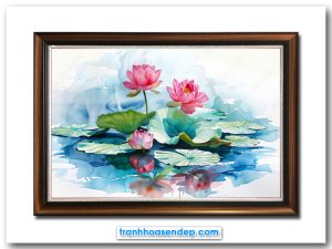 Bức tranh treo tường khóm hoa sen đẹp vẽ kiểu màu nước