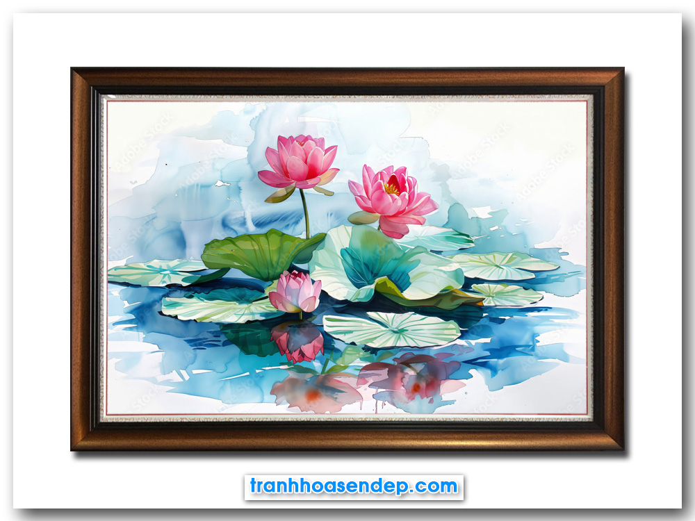Bức tranh treo tường khóm hoa sen đẹp vẽ kiểu màu nước