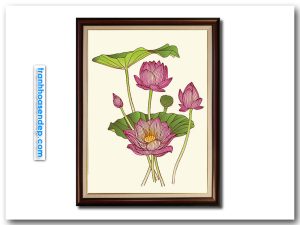 Bức tranh khổ dọc đẹp vẽ phác họa hình ảnh hoa sen hồng và lá sen