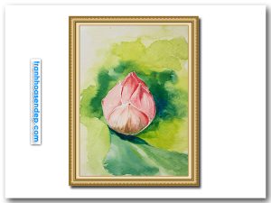 Mẫu tranh khổ dọc đẹp vẽ kiểu màu nước hình ảnh búp sen hồng trên nền màu xanh loang