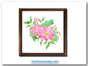 Mẫu tranh khổ vuông đẹp hình ảnh những bông hoa sen hồng, lá sen và các loại lá xanh trang trí