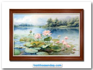 Mẫu tranh treo tường đẹp hình ảnh đầm sen thanh bình được vẽ phác họa kiểu màu nước gam nhạt đẹp