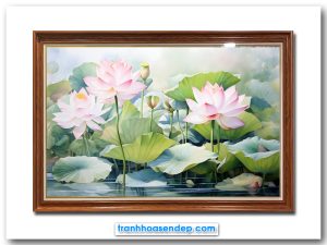 Mẫu tranh treo tường đẹp hình ảnh đầm hoa sen vẽ phác họa kiểu màu nước gam nhạt đẹp