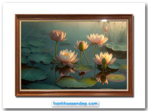 Mẫu tranh treo tường đẹp hình ảnh đầm hoa súng dưới ánh nắng vàng