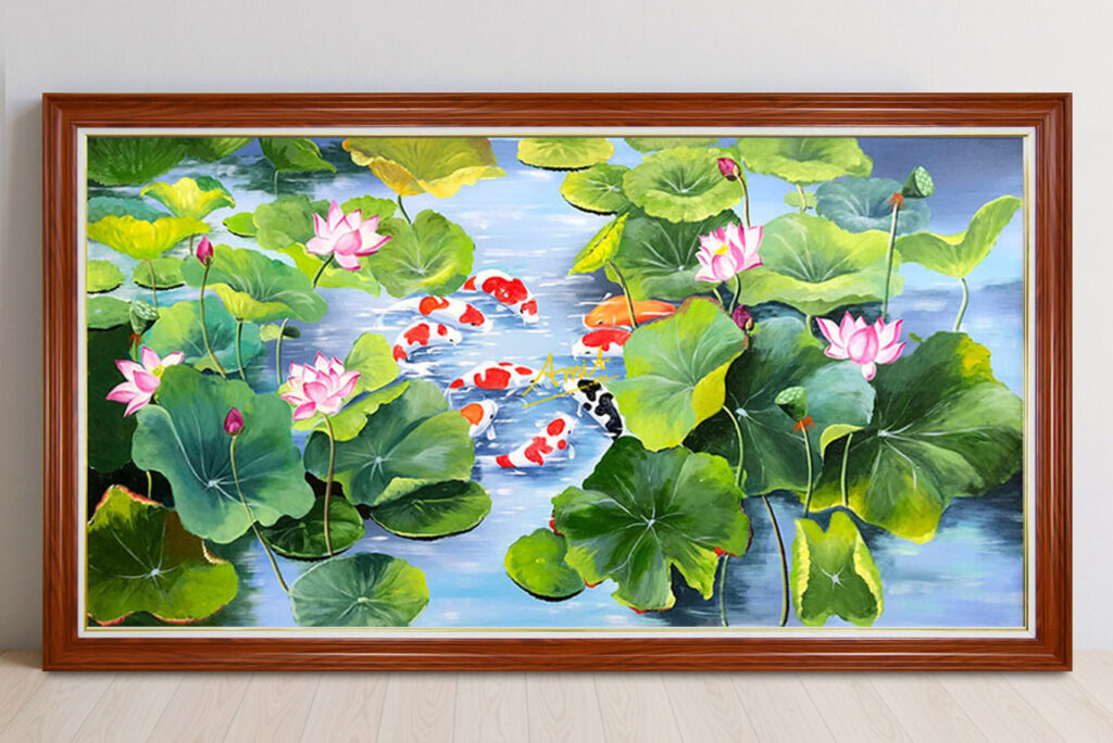 Mẫu tranh cửu ngư quần hội cá chép hoa sen đẹp