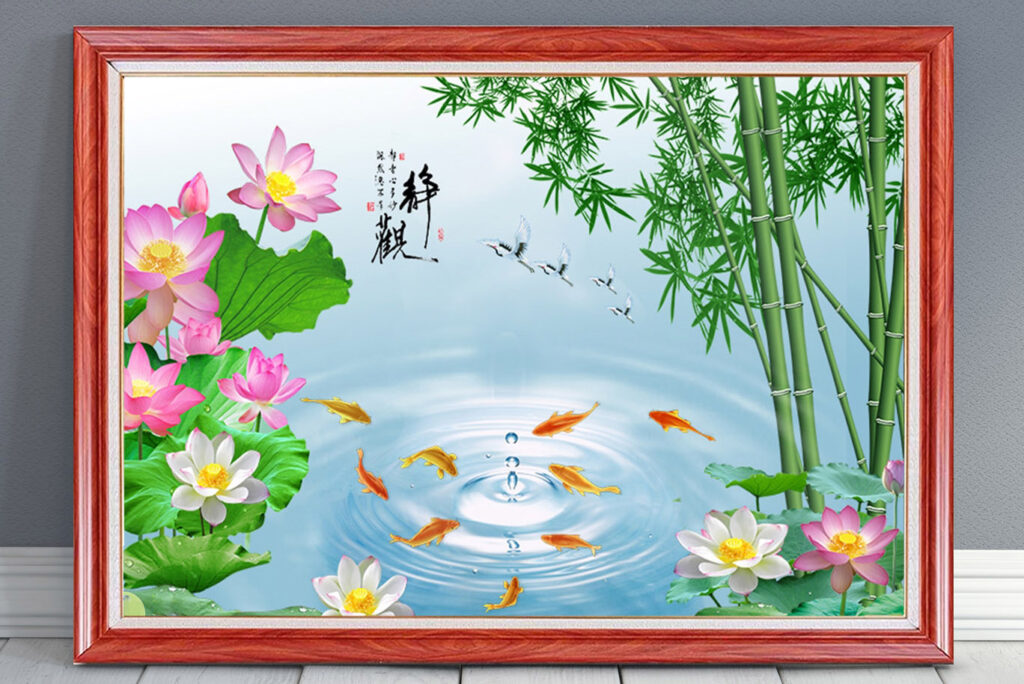 Mẫu tranh cửu ngư quần hội cá chép hoa sen đẹp