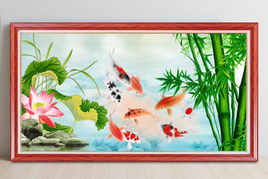 Mẫu tranh cửu ngư quần hội cá chép hoa sen đẹp