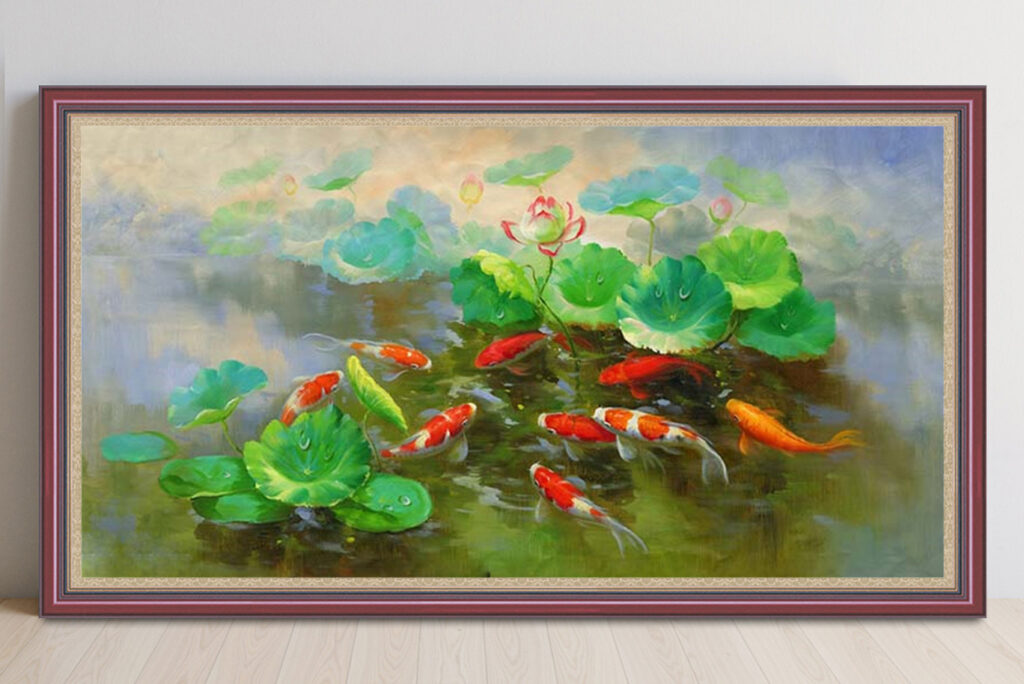 Mẫu tranh cửu ngư quần hội cá chép hoa sen đẹp
