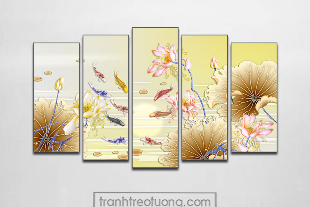 Mẫu tranh cửu ngư quần hội cá chép hoa sen đẹp
