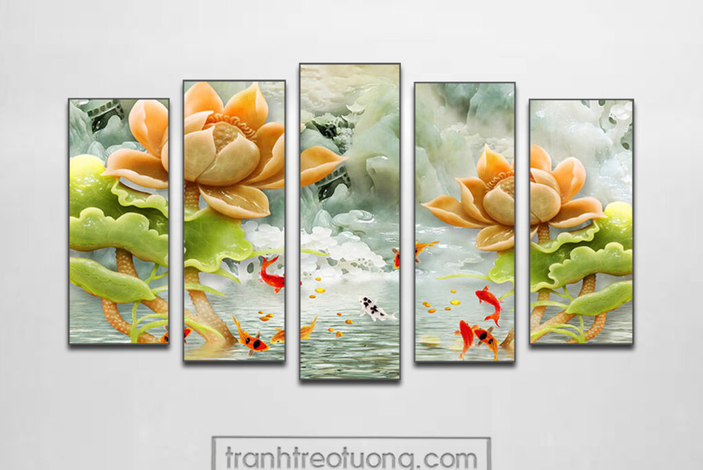 Mẫu tranh cửu ngư quần hội cá chép hoa sen đẹp