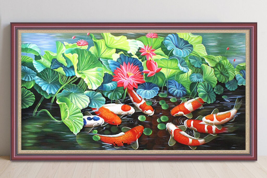 Mẫu tranh cửu ngư quần hội cá chép hoa sen đẹp