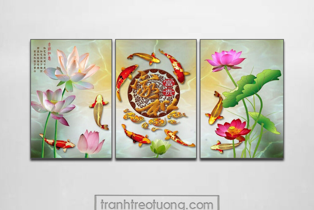 Mẫu tranh cửu ngư quần hội cá chép hoa sen đẹp