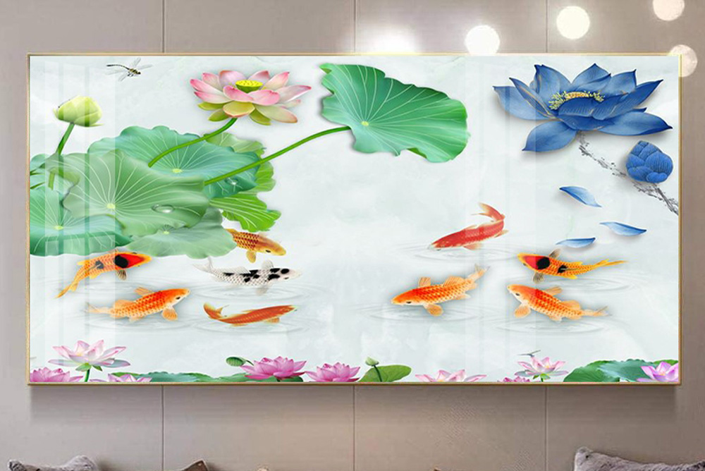 Mẫu tranh cửu ngư quần hội cá chép hoa sen đẹp