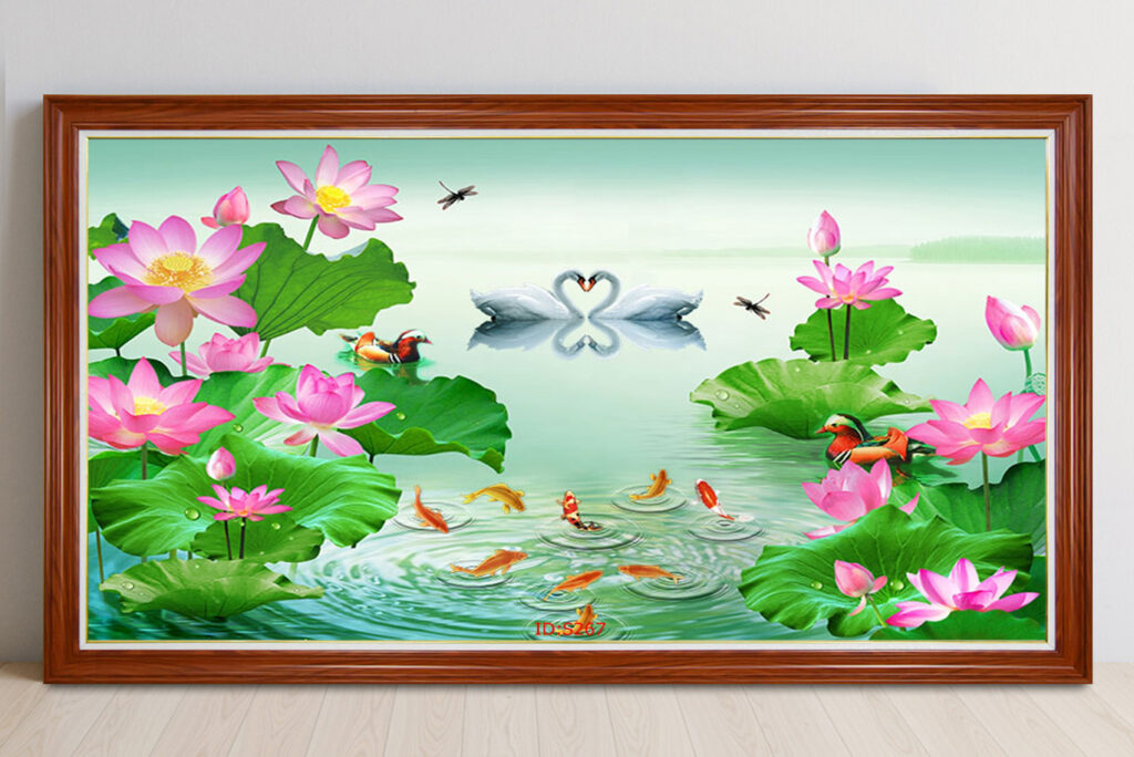 Mẫu tranh cửu ngư quần hội cá chép hoa sen đẹp