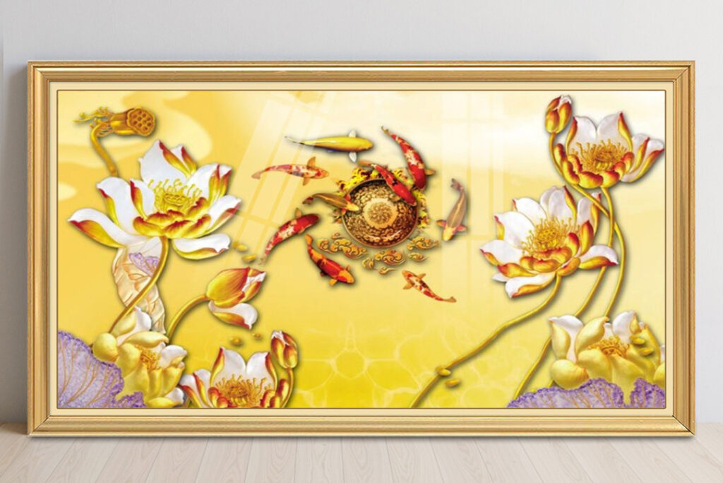 Mẫu tranh cửu ngư quần hội cá chép hoa sen đẹp