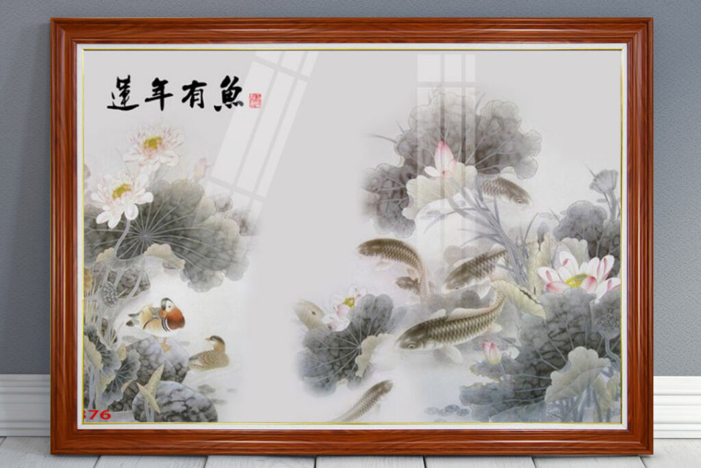 Mẫu tranh cửu ngư quần hội cá chép hoa sen đẹp
